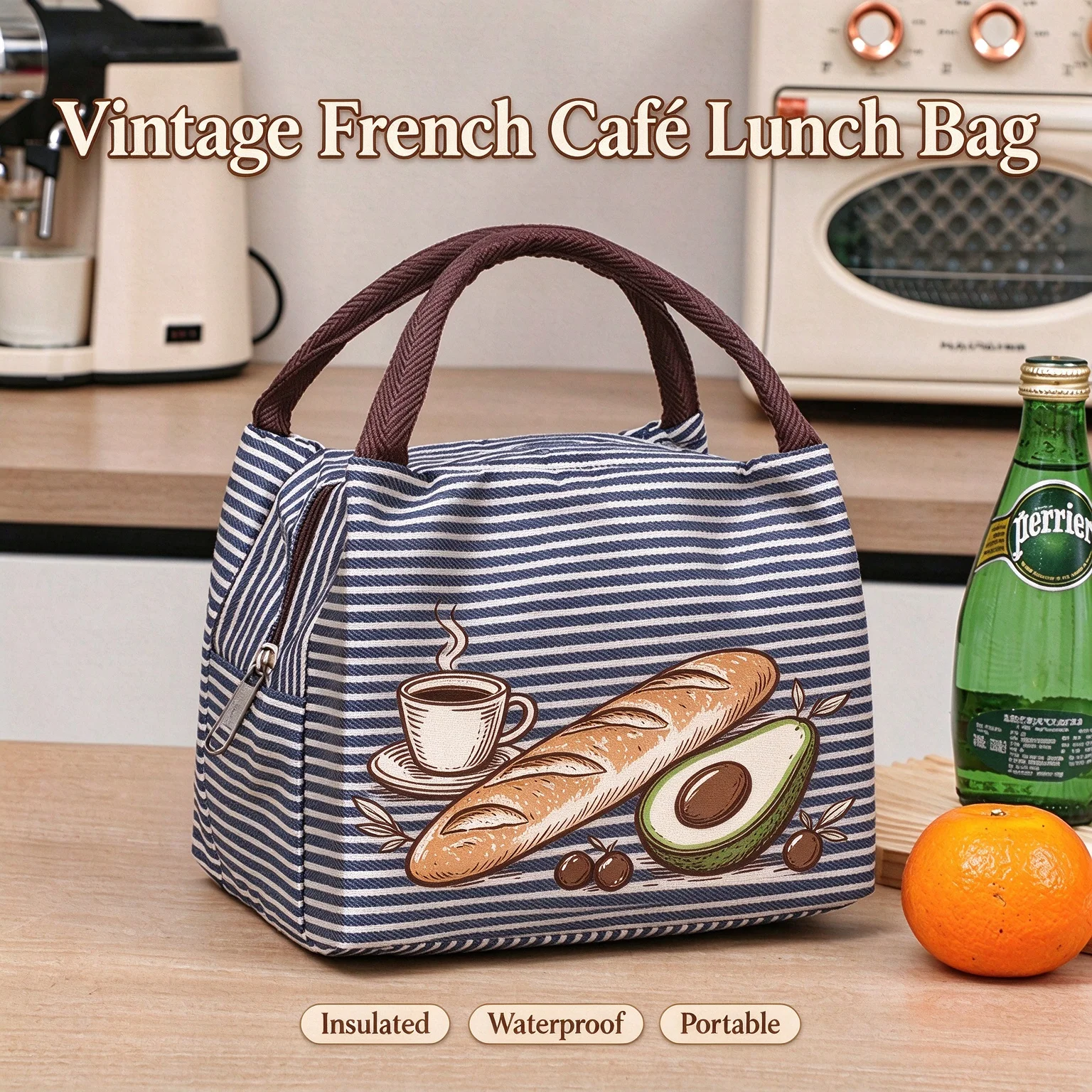 Vintage French Baguette Coffee Avocado Print Lunch Tote, Thermal Insulated Waterproof Lunch Bag for Work Outdoor Picnic