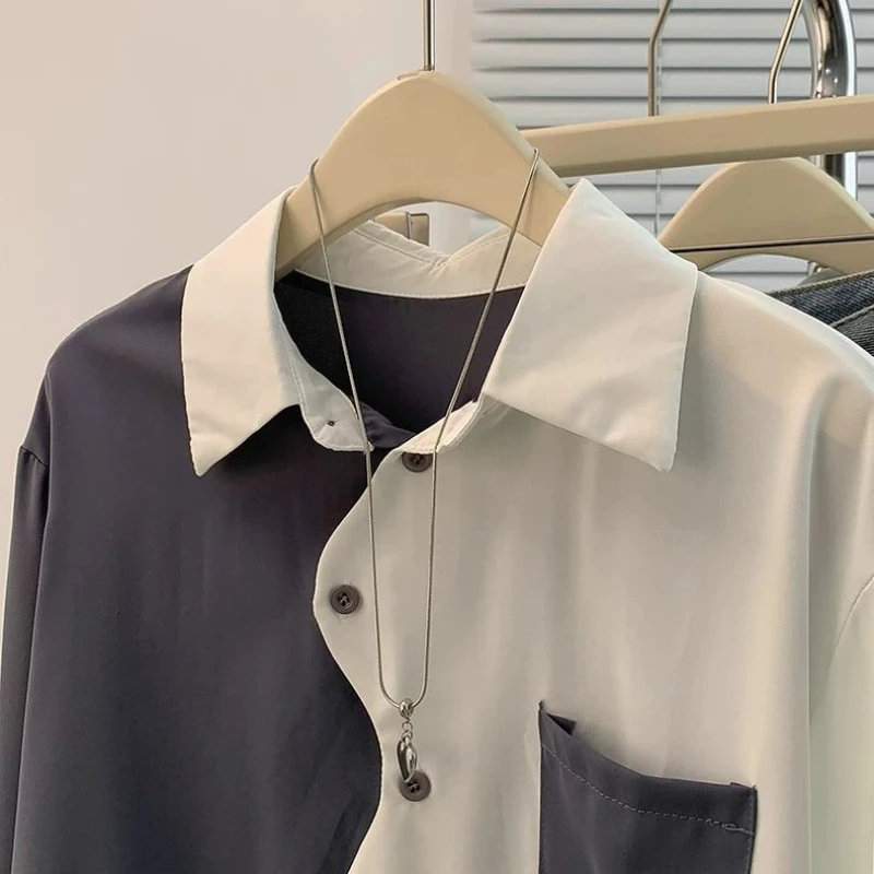 

Design Sense Splicing Polo Collar Long-sleeved Shirt Men's Women's Autumn Large Size Loose and Unique Beautiful Loose Top Simple