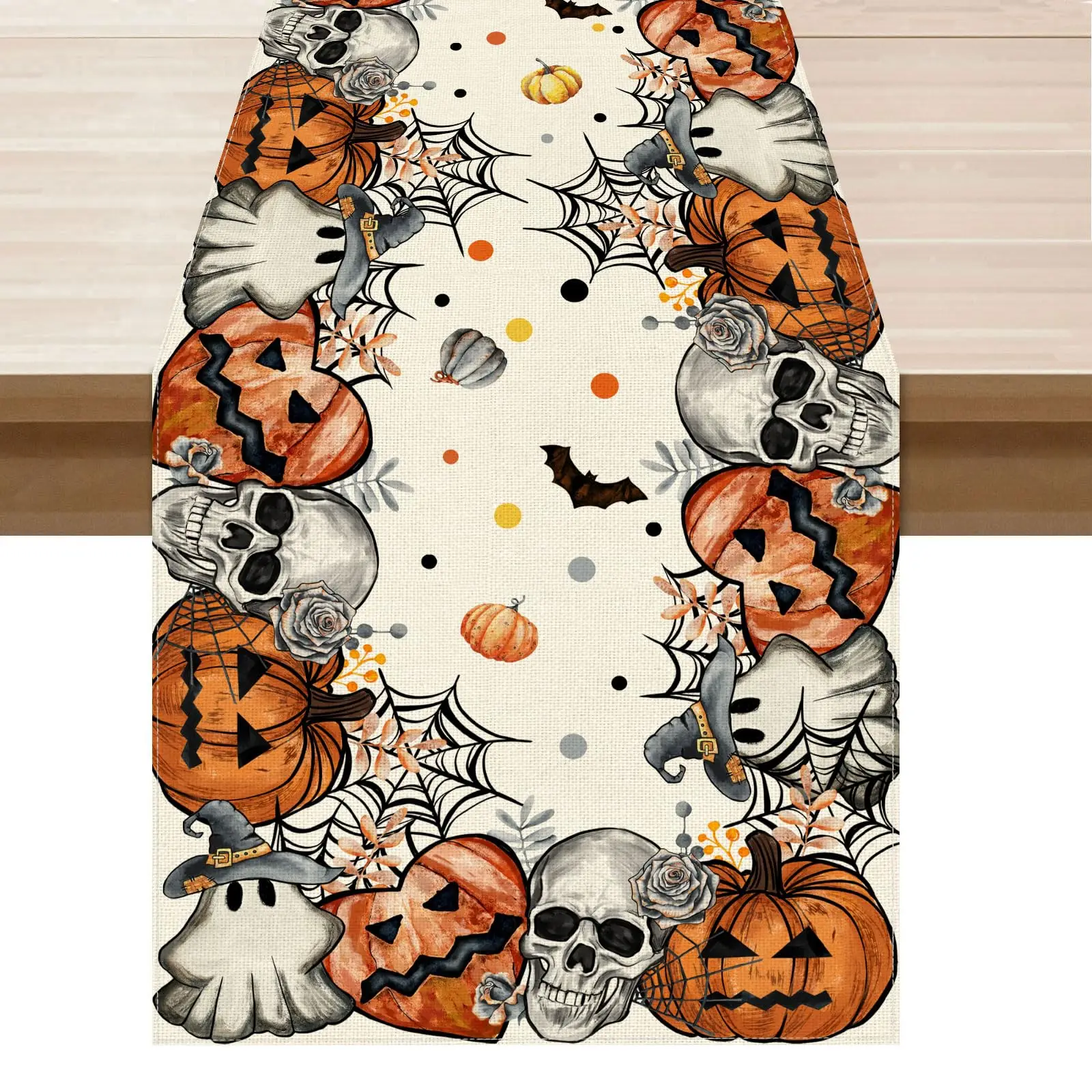 

Spooky Skeleton Ghost Pumpkin Halloween Table Runner Party Table Decoration for Home Kitchen Dining Holiday Decor