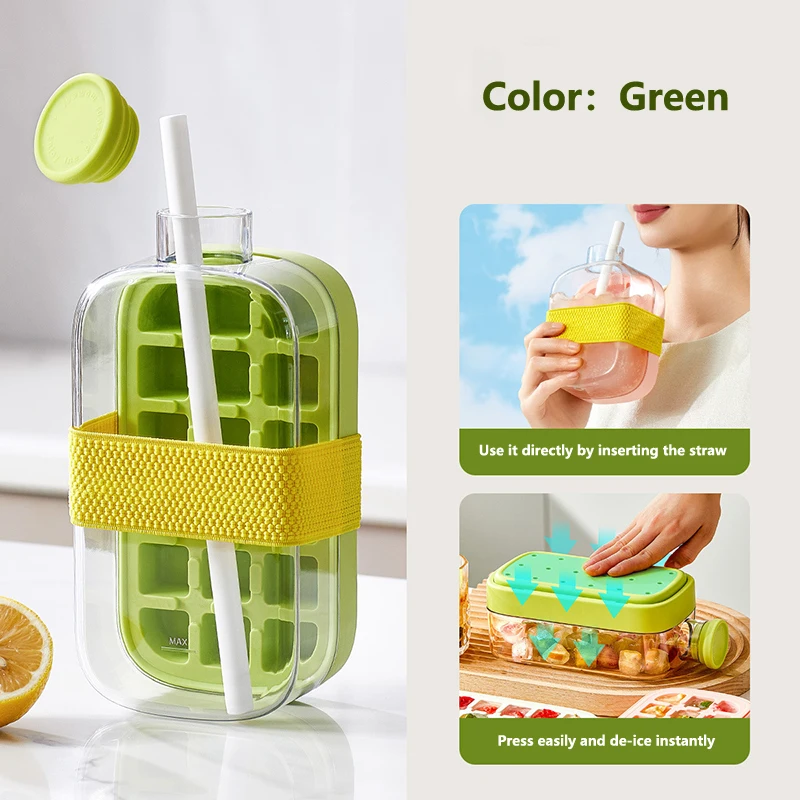 Ice Cube Tray Bottle With Lid No Touch No Spill Freezer Ice Tray With Straw Cable Tie Mold Reusable Food Grade Ices Maker Gadget - Image 3