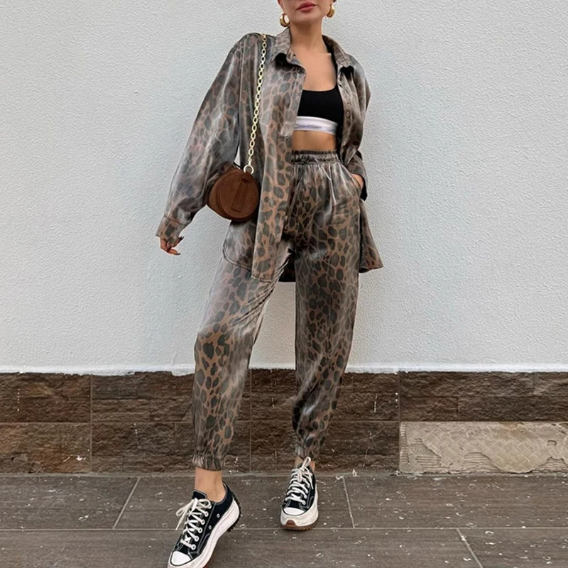 Harajuku Vintage Leopard Print Women Outfits Spring Single Breasted Lapel Shirt and Slim Pants Suit Autumn Long Sleeve Coat Sets