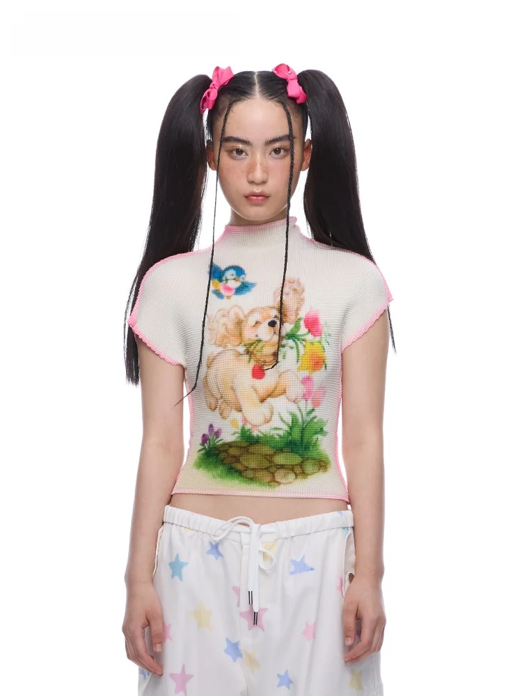 

Милая футболка с принтом собаки в стиле Princ Sle, розовая, с коротким рукавом, с высоким воротником, стандартного кроя, летний топ для девочек