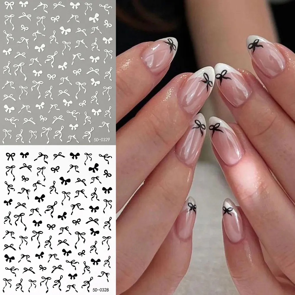 1Pc 5D Mini Black White Ribbon Bows Nail Stickers, Multi Styles Bowknot Ribbon Decals Self Adhesive Sliders Manicure Decorations