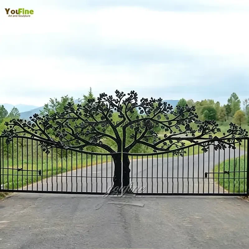 Wmwmnu for YouFine Custom Wrought Iron Double Driveway Gate Handcrafted Artistic Tree Design Decorative Metal Main Entrance