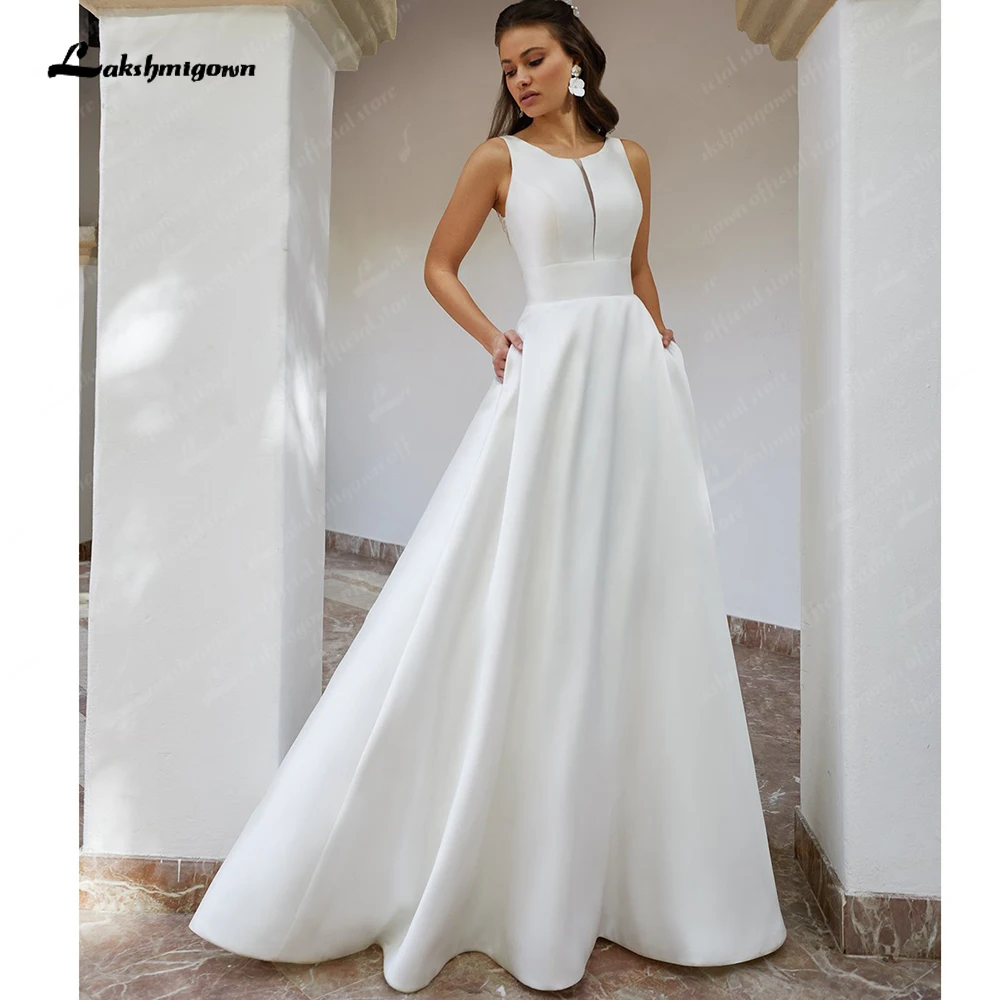 

Lakshmigown O Neck Wedding Dresses Back Lace Satin Evening dress Boho Sleeveless Brush Train Bridal Gowns vestidos de novia