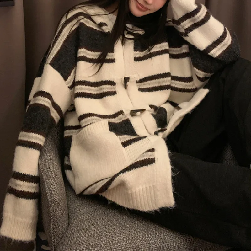 

Striped Hooded Sweater Coat for Women 2025 Autumn Winter New Lazy Loose Knitted Cardigan Mid-Length Long Sleeve Top