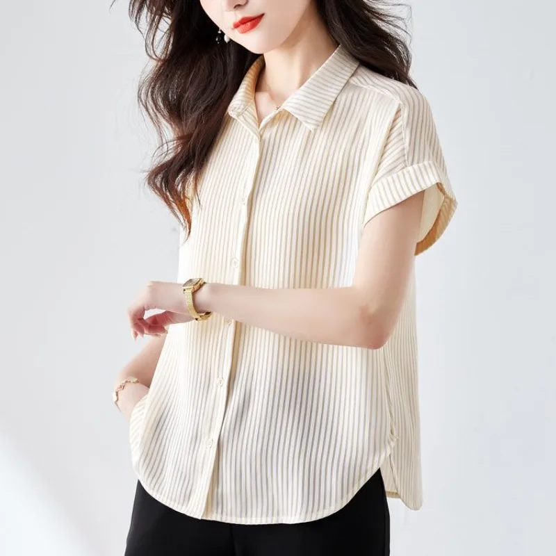 XEJ Striped Chiffon Shirt for Women Elegant Women\'s Short Sleeve Blouse Korean Style Women Clothing Tunic Woman Summer 2024