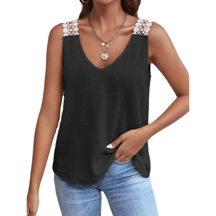 

2023 New Women's Solid Color Casual Lace Waffle Stitching Vest T-shirt Top Women Clothes