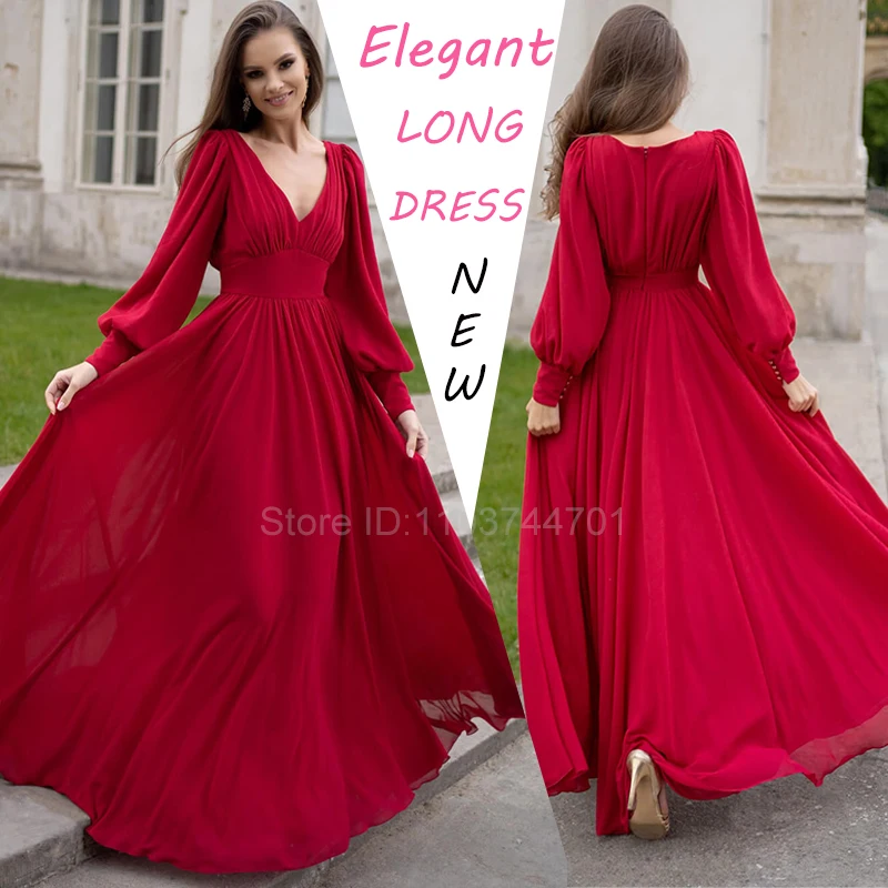 

New Deep V-neck Bell Sleeves Sexy Backless Evening Dress Fashion Slim Long-sleeved Solid Elegant Long Dresses for Women L121