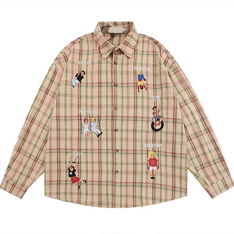 Khaki Plaid Y2K Sporty Cartoon Embroidery Blouses Button Up Shirts Students 3XL Long Sleeve Tops Korean Harajuku Kawaii Clothes