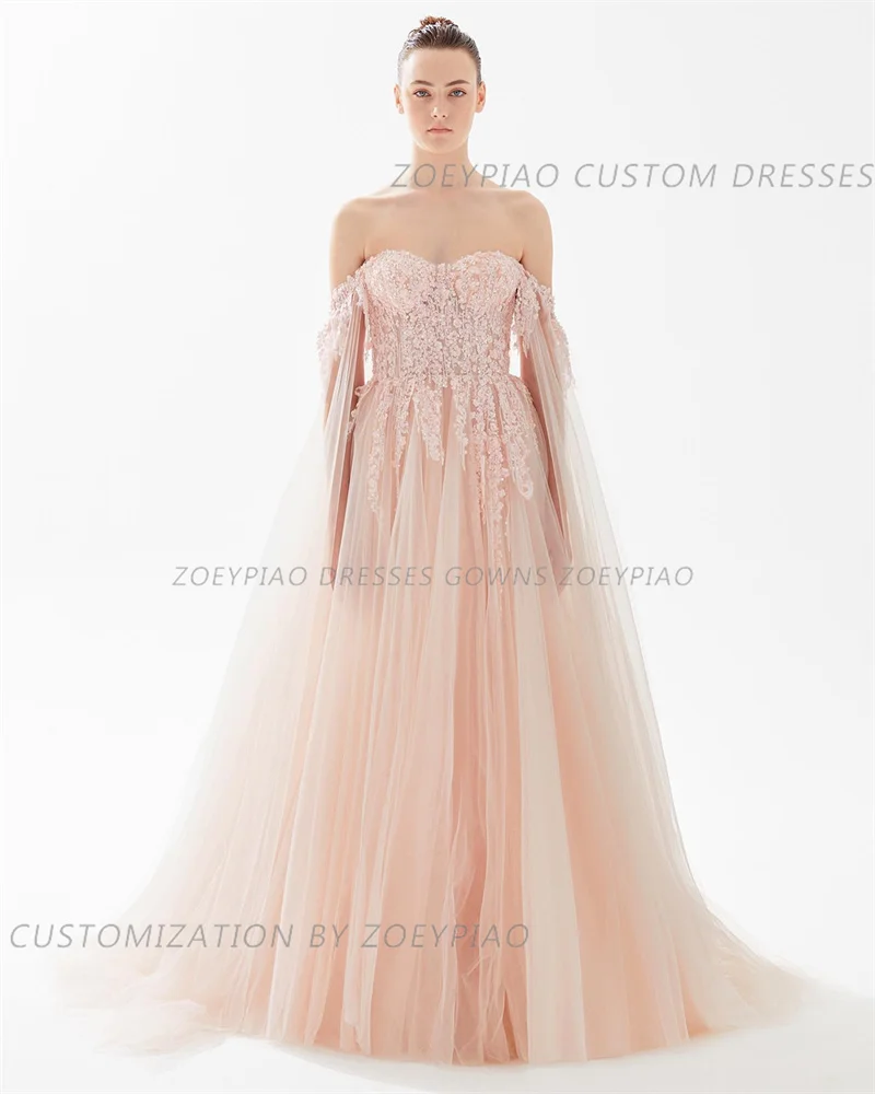 Vestido de noite rosa nu personalizado com apliques para mulheres, vestido de festa fora do ombro, querido Tulle