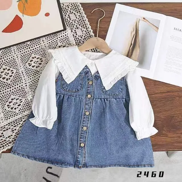 

Girl clothing set 2024 autumn new fashionable stacked strap dress and tshirt two-piece set