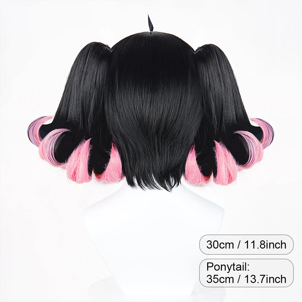 Black Ombre Pink Short Straight Synthetic Wigs with Double Ponytail Clip Anime Game Cosplay Fluffy Wig for Daily Party