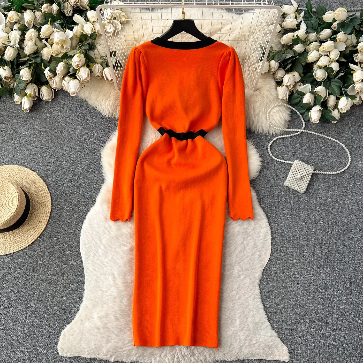 YuooMuoo Elegant Bodycon V-neck Bow Dress Women Autumn Winter 2024 Long Sleeve Front Split Office Lady Dress Chic Party Vestidos