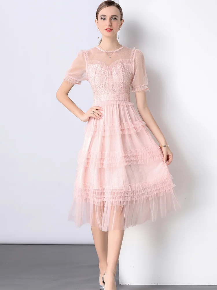 

SMTHMA French Socialite Spliced Mesh Summer Dress For Women's High-End Slim Waist Princess Fluffy Cake Mid-Length Dresses