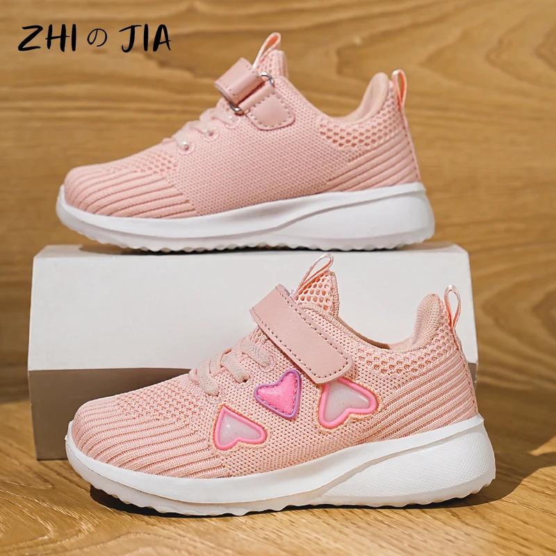 New Girls Fashion Casual Shoes Spring Children\'s Mesh Breathable Sneaker Cute Pink Flat Shoes Lightweight Comfortable Footwear