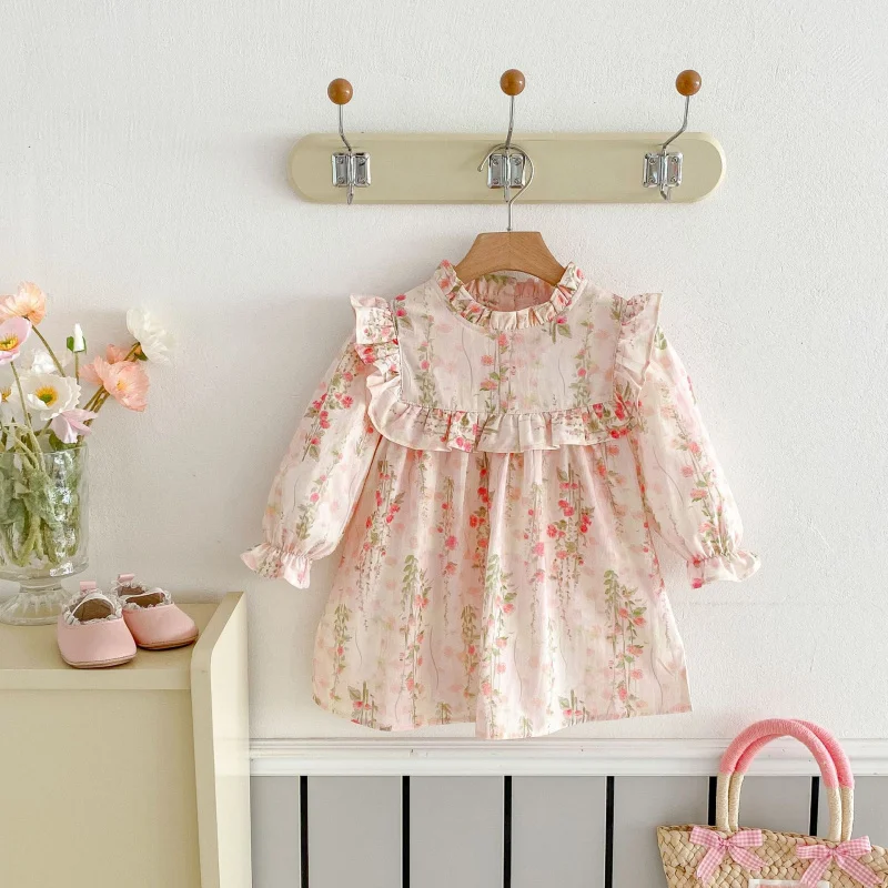 

Spring New Girls' Dress with Ruffled Edges, Long Sleeve Floral Princess Dress, Baby Girl Floral Dress