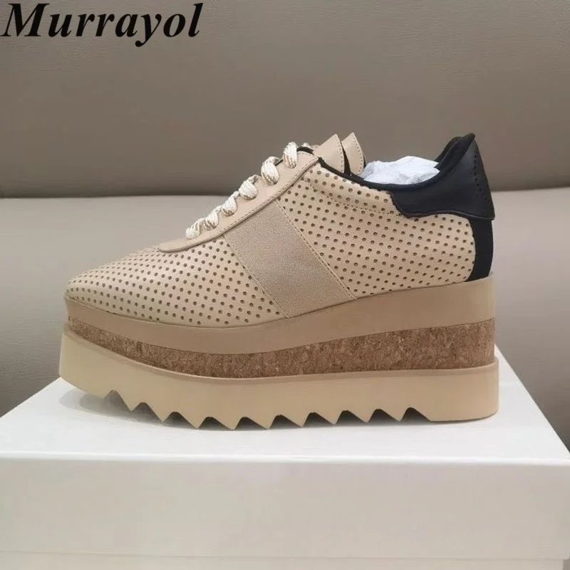 Walking Shoes Genuine Leather Hollow-out Thick Bottom Casual Shoes Women Four Seasons Lace Up  Waterproof Platform Flat Shoes