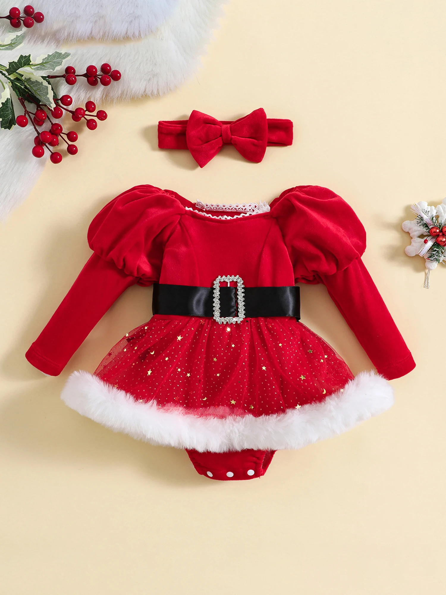 

Infant Girls Jumpsuit Outfit Winter Costume Glittering Stars Moon Patterned Dress Headband Set for Christmas Party