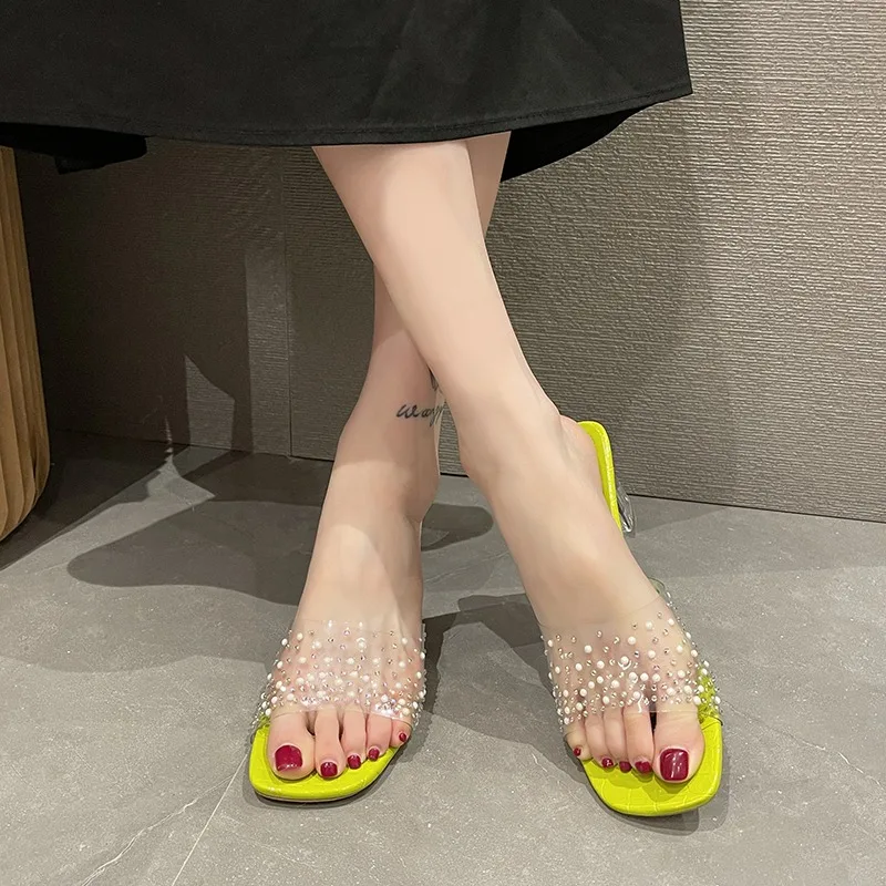 Slippers Women Transparent Half Tow Summer New Crystal with Sexy High Heels Open-toed Rhinobarrhinide Flip-flops