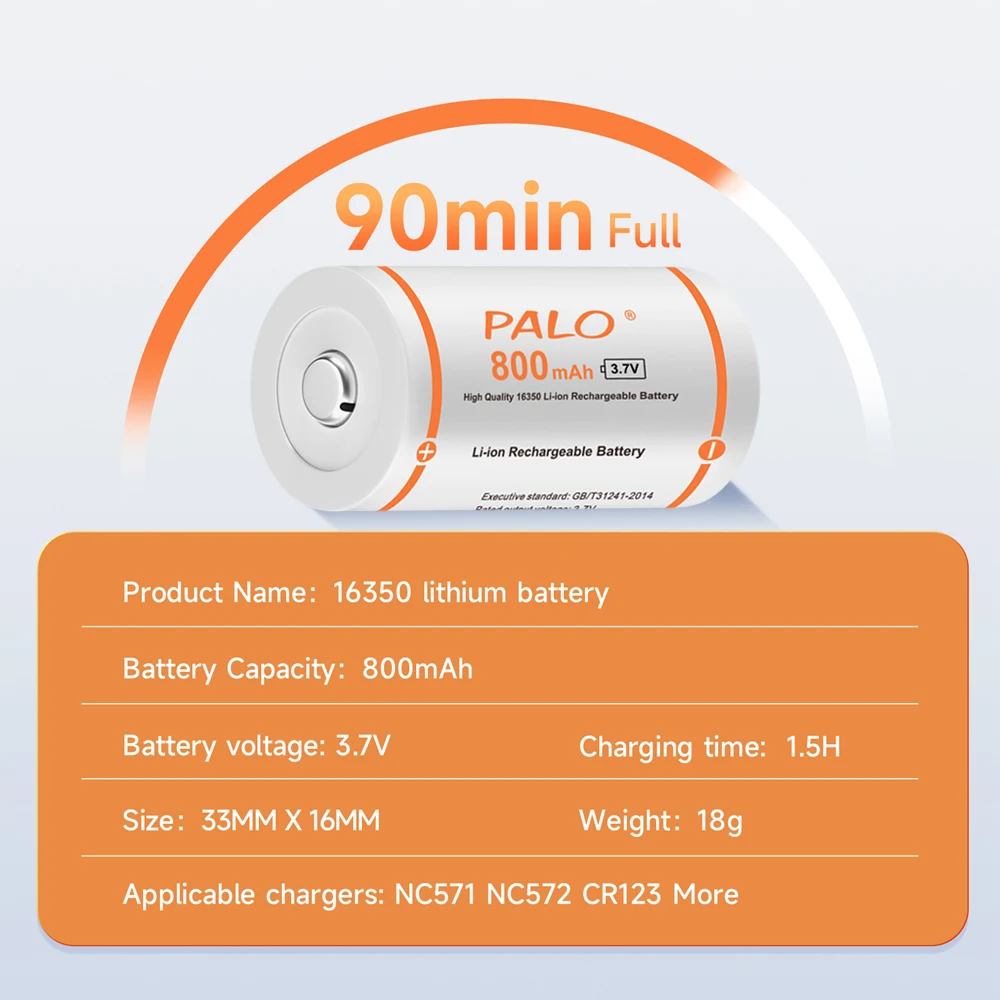 PALO 16340/16350 rechargeable battery 3.7v 800mAh 16340 Li-ion batteries CR123A battery For LED Flashlight CR123 CR17345 cr123a