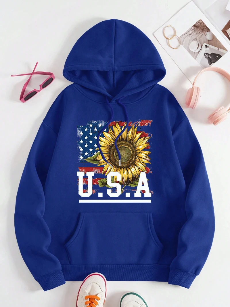

Usa Hoodies Womens American Flags And Sunflowers Printing Tops Loose Fleece Warm Pocket Streetwear Winter Soft Woman Clothes