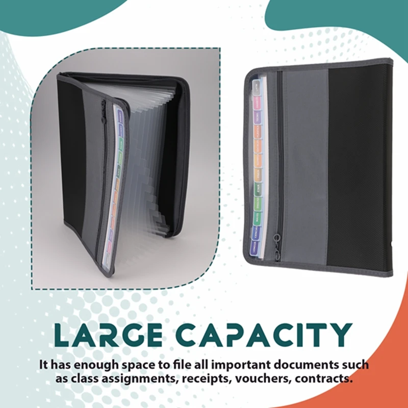 13 Pocket File Folder Storage Rack,File Box Storage Bag,With Zipper, Suitable For A4 Paper, Banknotes,Document Receipt