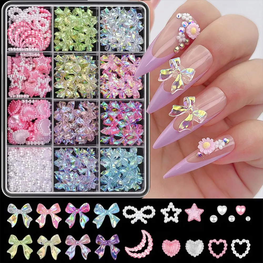 12 רשתות אורורה צבעונית קשת 3D מסמר קסם פנינה כוכב לב כוכב ירח bowknot תכשיטים עם סרט חמוד סרט מסמר עיצוב 8gf