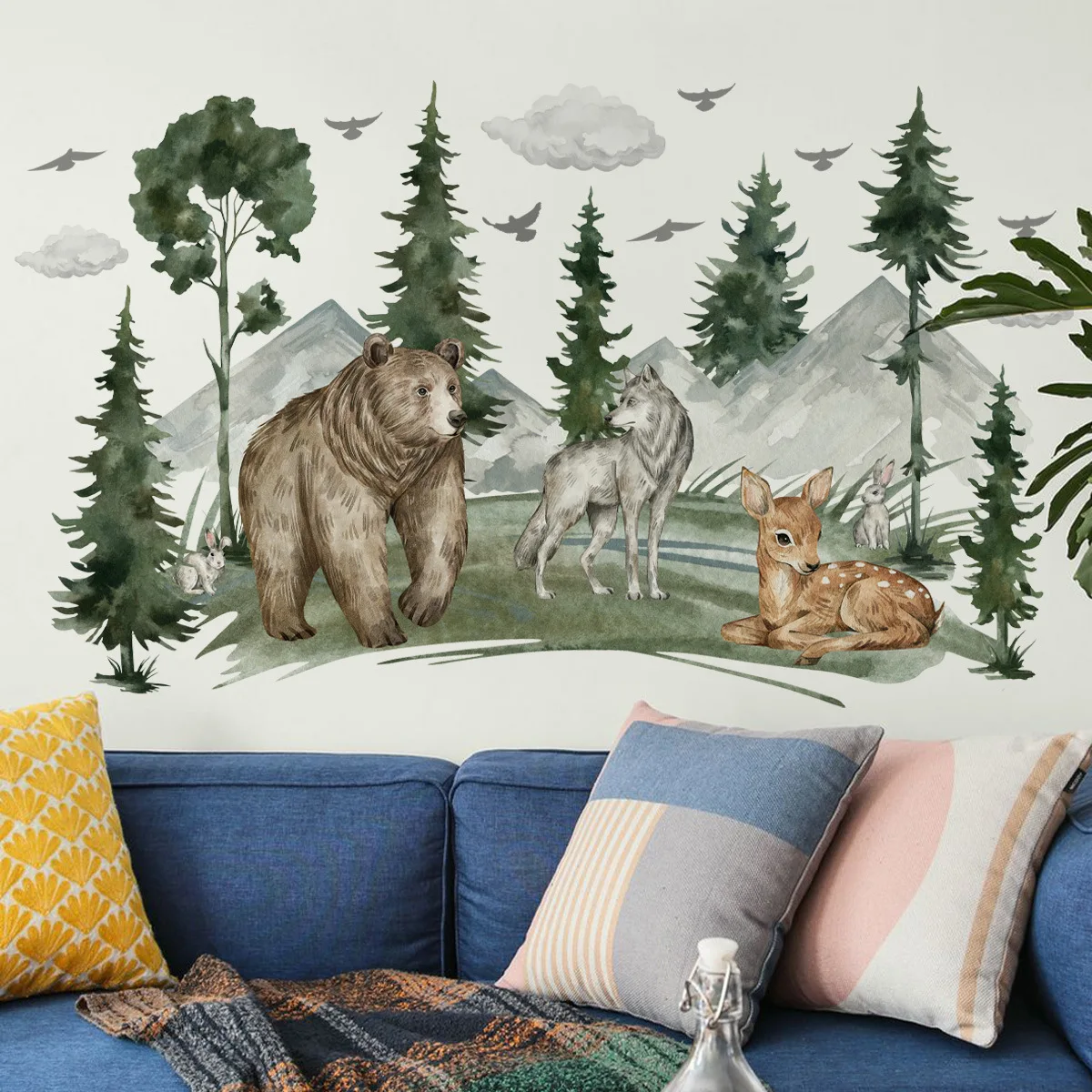 Pegatinas de pared de animales del bosque para decoración del hogar, papel tapiz creativo de dibujos animados para sala de estar y dormitorio, 2