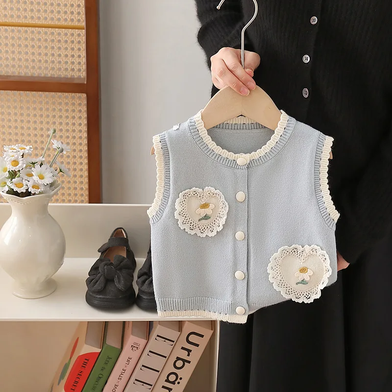 

baby girls sweater vest 2024 autumn new lace Korean version knitted tops foreign style kids clothes