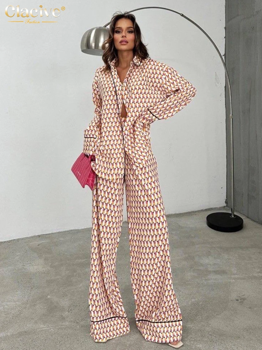 Clacive Casual Loose Print 2 Piece Sets Women Outfit Fashion Long Sleeve Shirt With High Waist Wide Pants Set Female Homewear