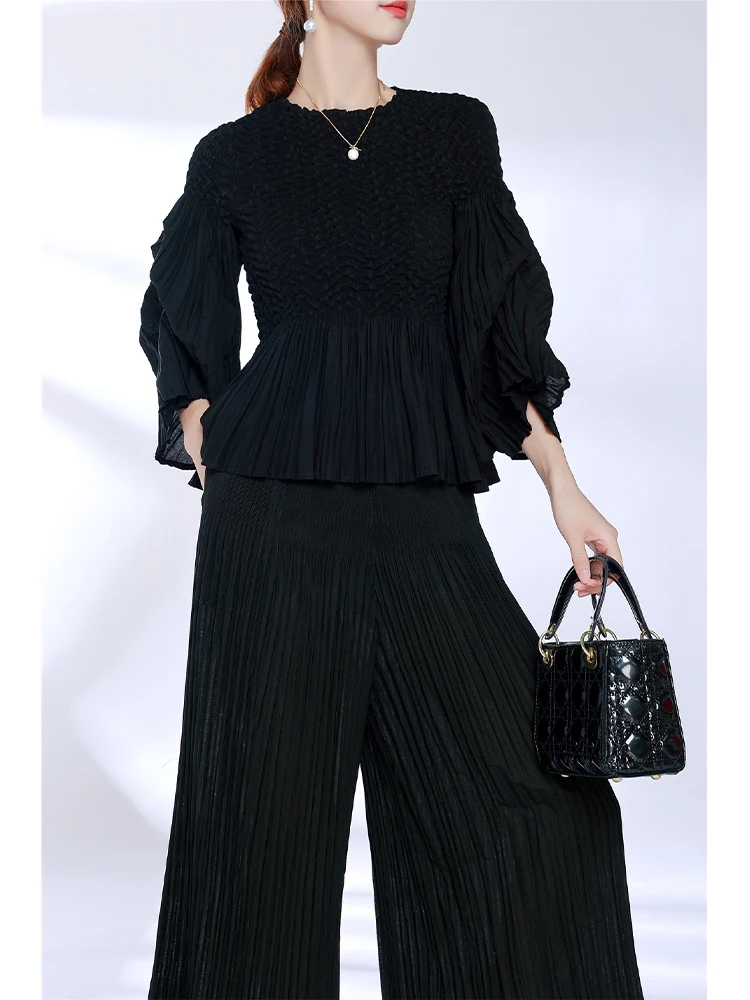

Fold Black Miyake Pleated Smocked Peplum Top+Wide Leg Pants Separately Sold Lightweight Women's Casual Minimalist Chic Items