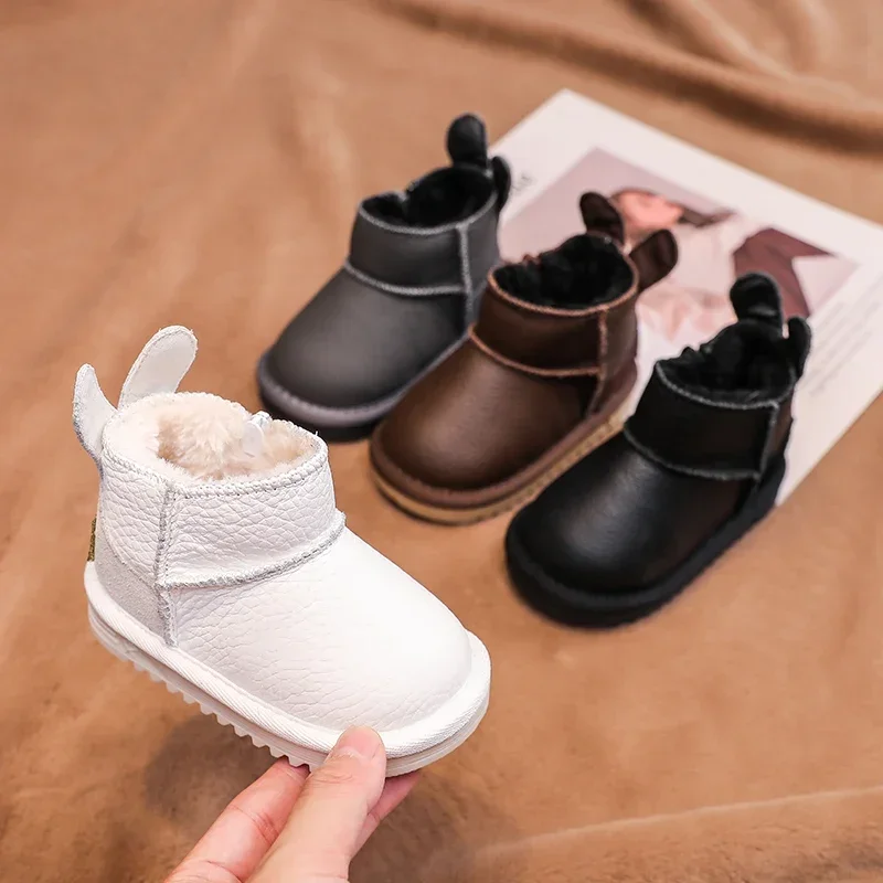 Winter Baby Girls Snow Boots Boys Genuine Leather Shoes Kids Cotton-padded Boots Windproof Waterproof Warm Plush Children Shoes