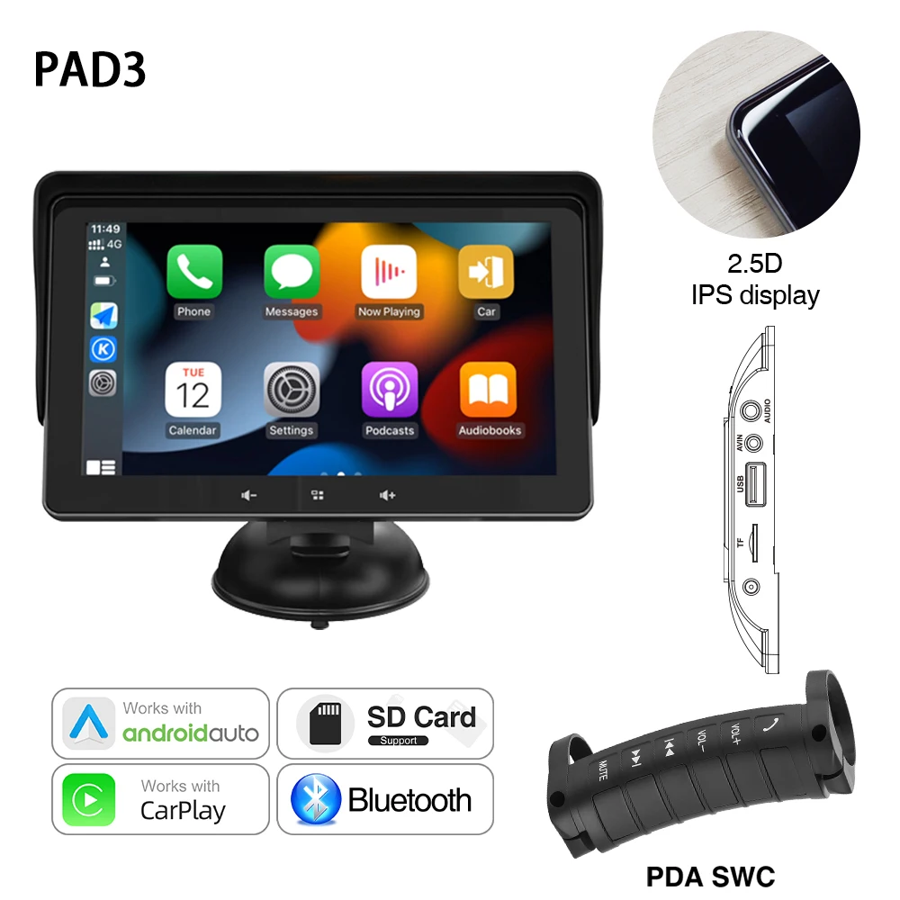 Grandnavi 7 inch autoradio multimedia videospeler draadloze Carplay en draadloze Android Auto draagbaar universeel touchscreen - afbeelding 1
