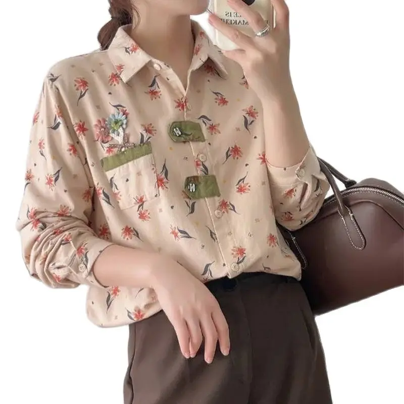 New Spring Cotton Sweet Shirt Women Lapel Long Sleeve Floral Tops Mori Girl Loose Fashion Casual Blouse 2024 Summer T44864QM