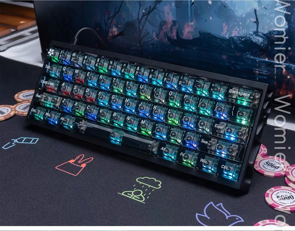 Womier esports frosted transparent keycaps with top and side engraving, matte translucent and light-permeable.
