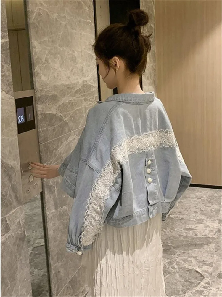 

All-match Lace Stitching Single Breasted Denim Jacket Spring Autumn Loose Short Coat Women Fashion Long Sleeve Streetwear Tops