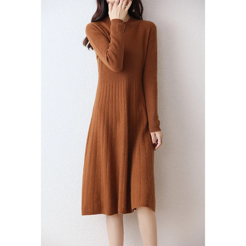 100% pure wool vestido feminino Hot Sale 2023 Winter New Fashion Cashmere Dresses Female O-neck  Wool Clothing DR01