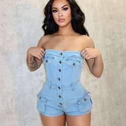 Sexy Tube Strapless Denim Romper Women Jumpsuit Single-breasted Multi Pockets Party Club One Pieces Playsuit Combinaison Short