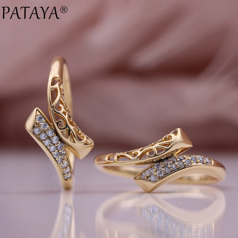 PATAYA New Natural Zircon Metal Hollow Rings 585 Rose Gold Color Women Modern Fashion Jewelry Creative Unique Lovely Rings