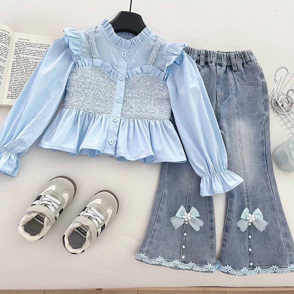 

Комплекты одежды для девочек, весна-осень 2023, детские рубашки принцессы, джинсовые штаны, модный костюм из 2 предметов для малышей, милые наряды, детский костюм