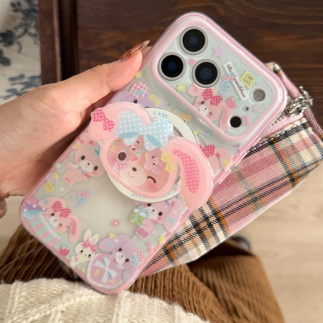 

Cute Pink toy Bunny Bear Magsafe magnetic stand phone case for IPhone 13 15 14 16 17Pro Max wireless charging shockproof cover﻿﻿