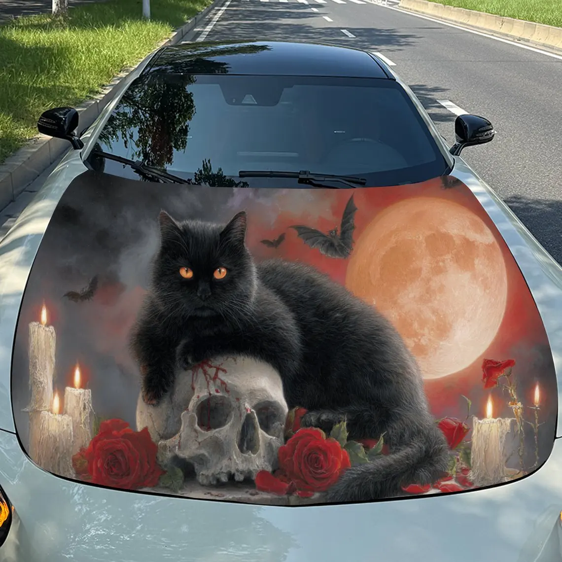

Dark Domain Cat Spirit with Skull Rose Blood Candle Car Vinyl Wrap, PVC Material Waterproof Car Hood Sticker, Self-Adhesive Scra