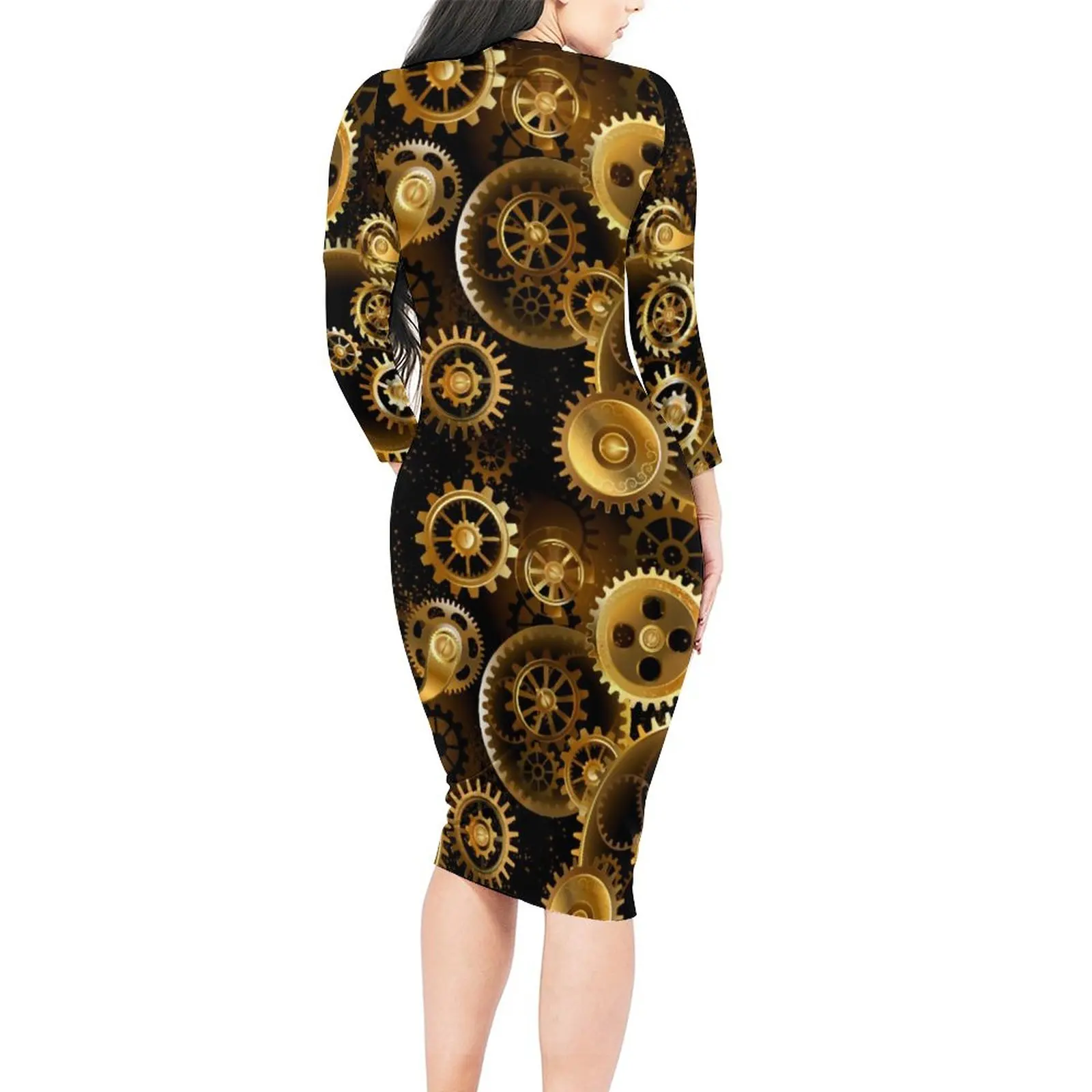 Retro Steampunk Bodycon Dress Ladies Brass Gears Print Trendy Dresses Autumn Long Sleeve Street Wear Pattern Dress 3XL 4XL 5XL