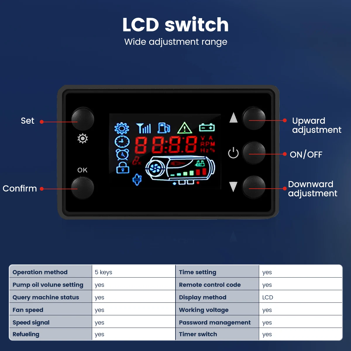 Hcalory-calefacción estacionaria multifunción para vehículos diésel, calentador de aire de 5KW-8KW y 12V con Monitor LCD de un solo orificio para