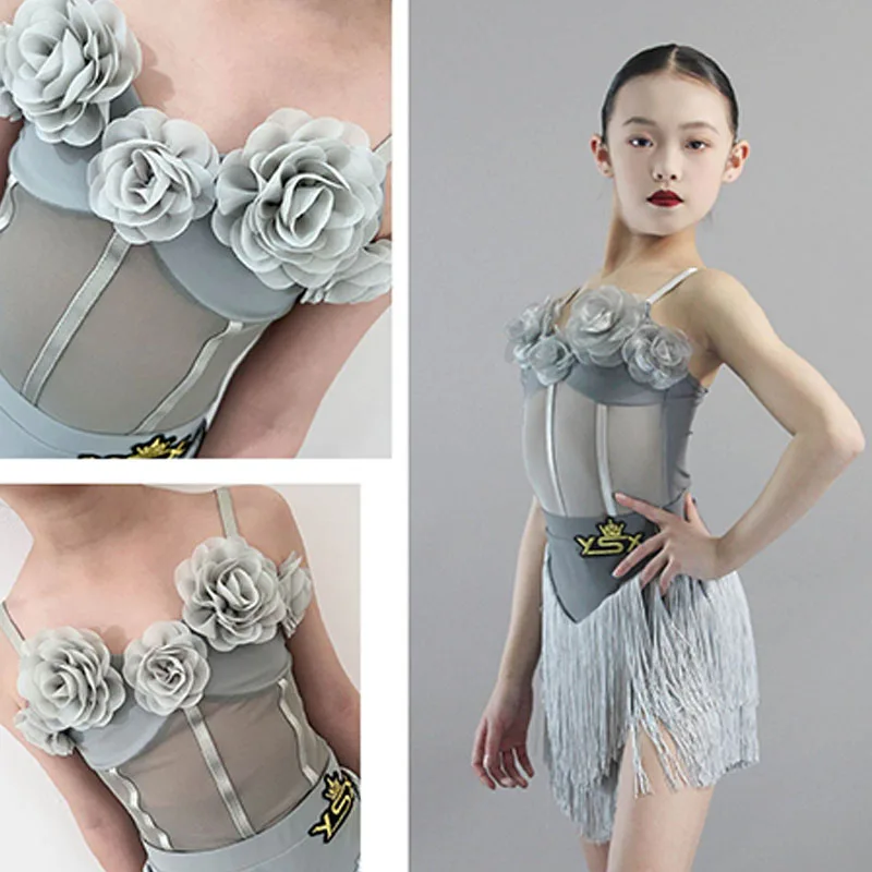 

Fairy Gauze Flower Latin Dance Costume Girls Gray Fringe Dress Summer Cha Cha Rumba Dance Practice Clothing Kids Dress DNV19994