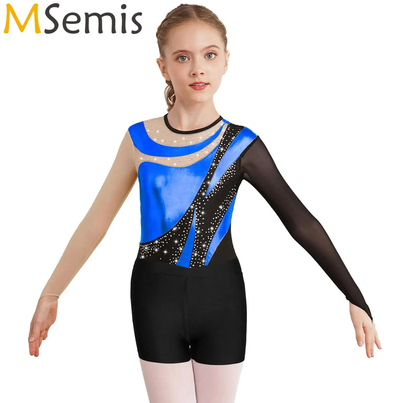 

Kids Girls Gymnastics Figure Skating Outfit Ballet Leotards Mesh Long Sleeve Keyhole Back Bodysuit with V-front Waistband Shorts