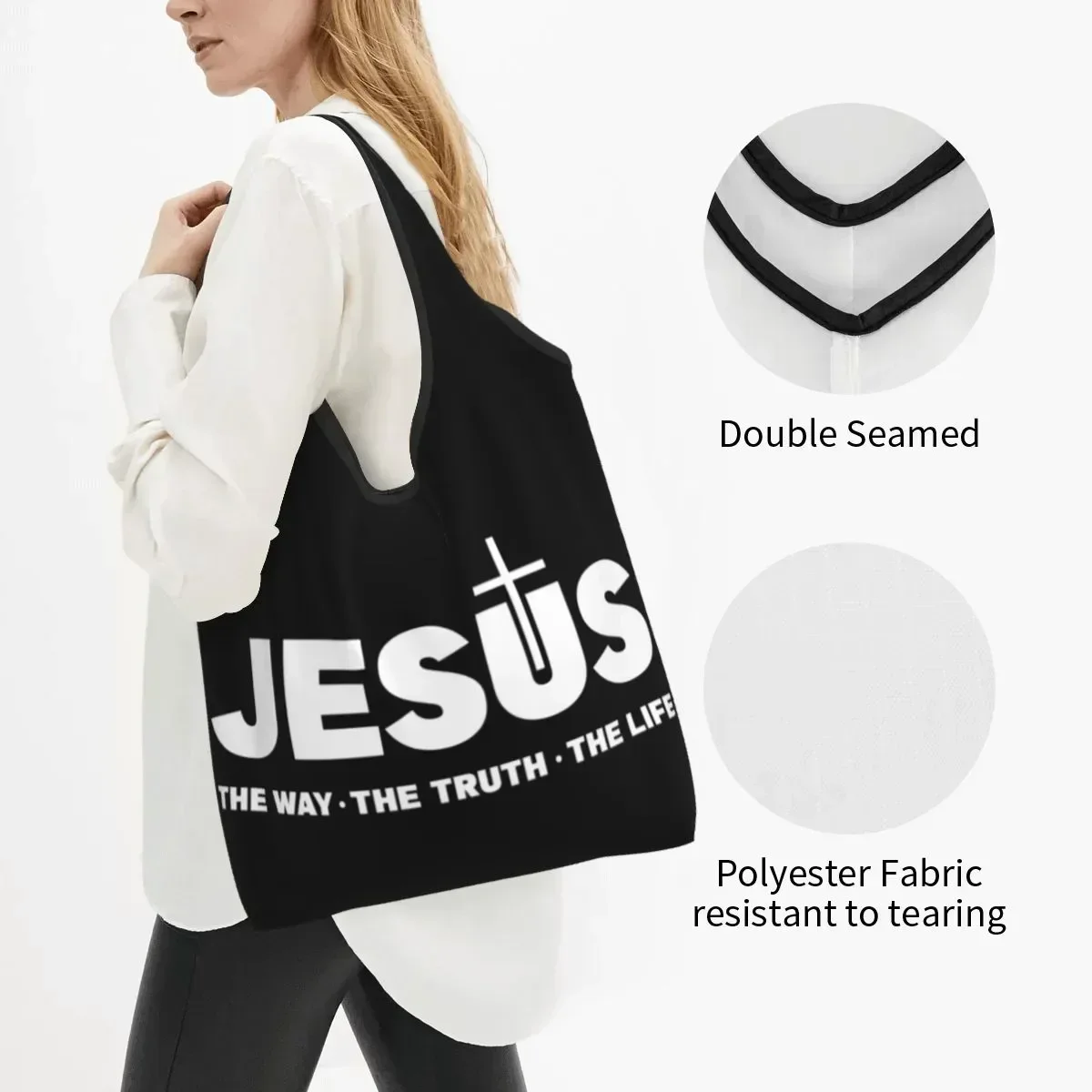 Printing Jesus Christ The Way  Truth  Life Tote Shopping Bags Portable Shopper Shoulder Religion Christian Faith Handbag