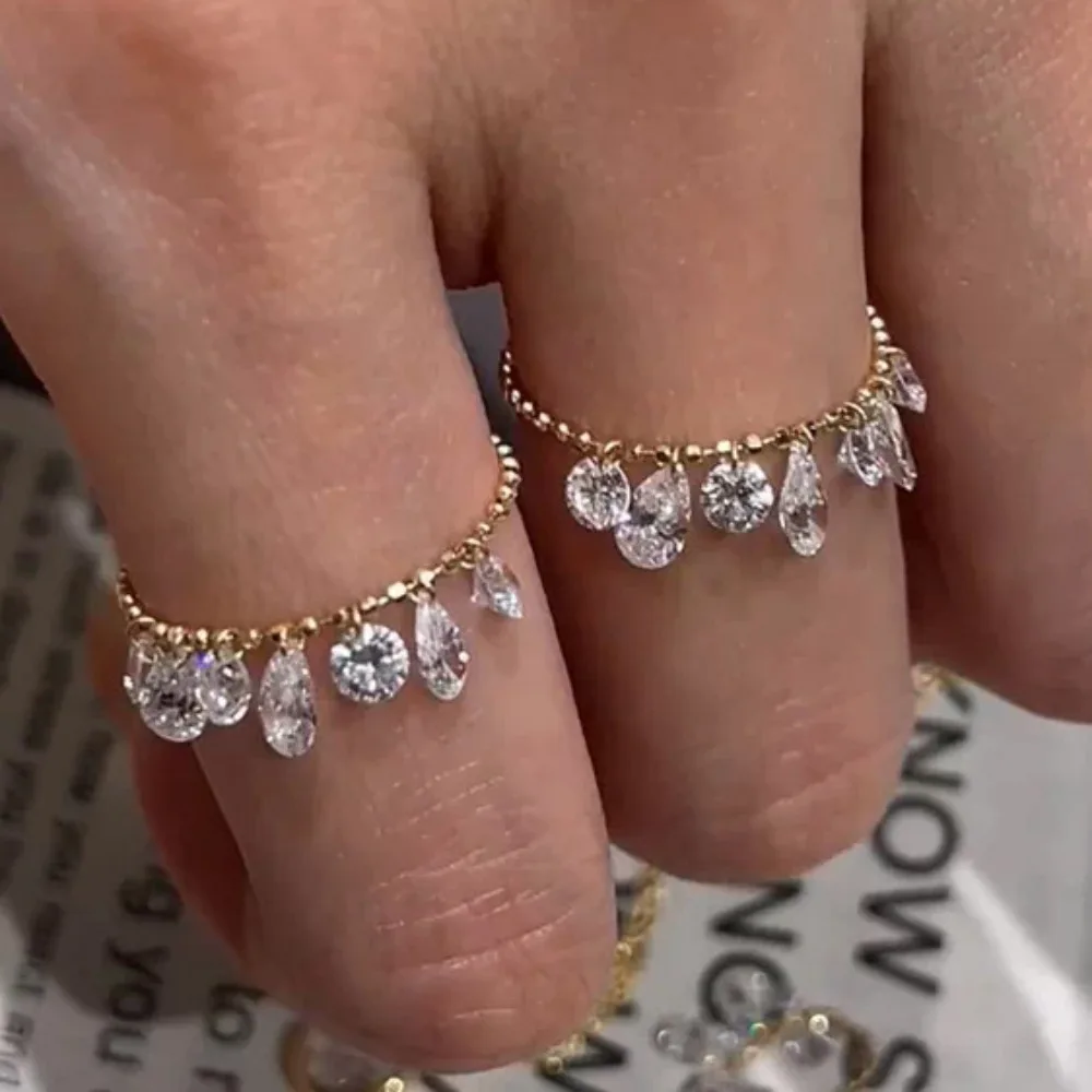 Exquisite Round Water Drop Zircon Tassel Ring for Women Adjustable Pull Bead Chain Rings Stackable Bracelet Jewelry Accessories