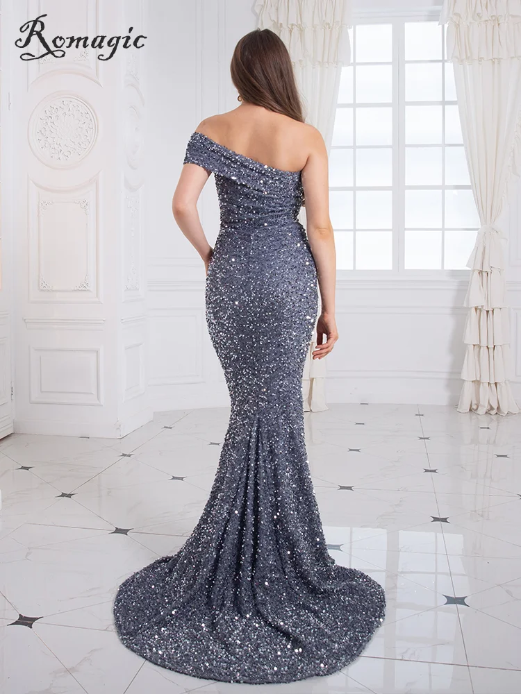 Romagic Stretch Sequin Floor Length Evening Prom Gown Off Shoulder Bodycon Grey Mermaid Sleeveless Luxury Wedding Party Dress